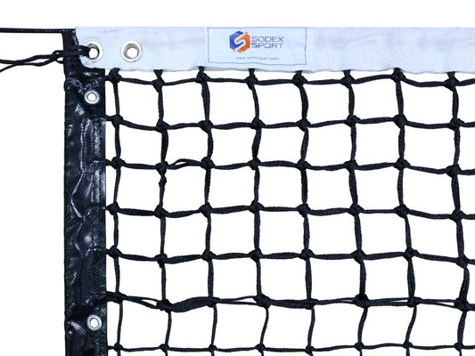 Filet de tennis tressé Ø4mm à retombée parfaite, 6 mailles doubles avec bandes PVC et barres de cadrage